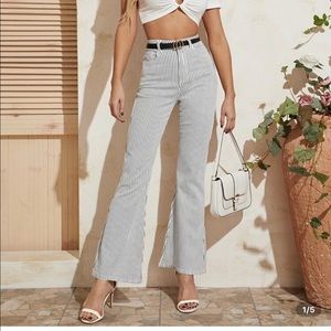 black and white pin strip wide leg jeans